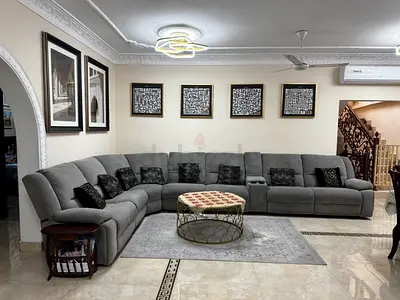 Large L-shaped Grey Fabric Sectional Sofa with Recliners and Cupholder Console