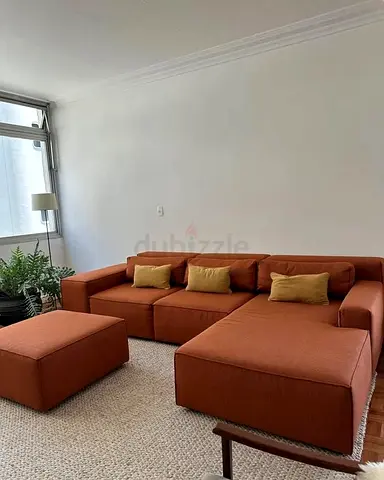 Large L-shaped Rust Orange Fabric Sofa with Ottoman