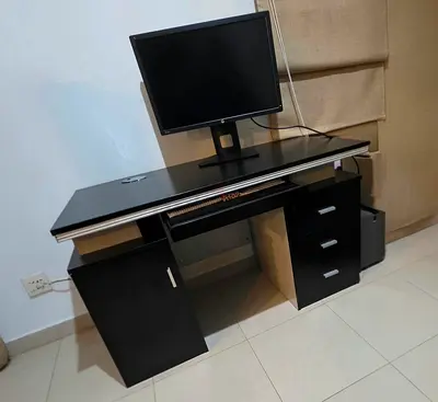 Black wooden computer desk with drawers and cabinet - good condition