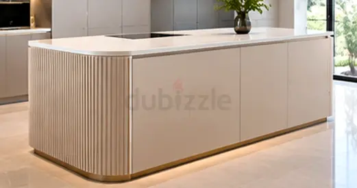 Modern Fluted Kitchen Island with White Marble Top