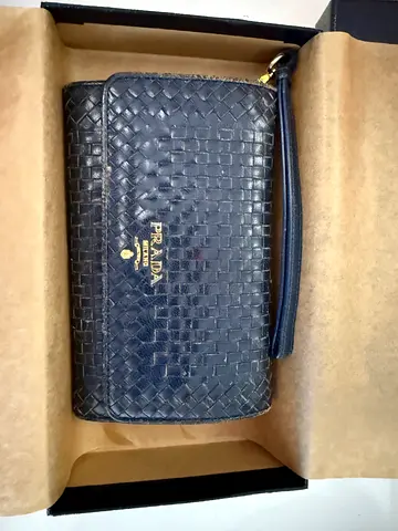 Prada black woven leather wristlet wallet - authentic style, good condition