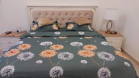 King bed with tufted headboard,mattress, 2 side tables and dressing table and stool- good condition