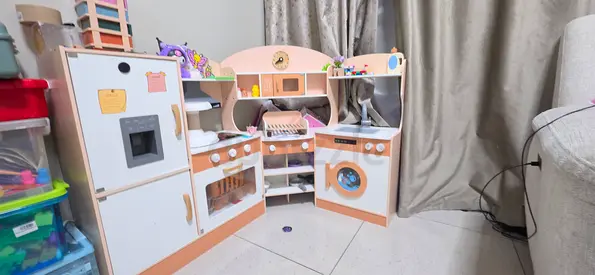 Wooden Play Kitchen Set with Appliances - Good Condition