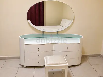 Modern White Bedroom Dresser with Oval Mirror and Stool and 2 nightstands