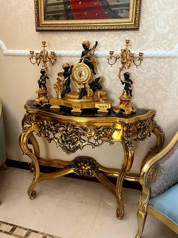 Ornate Gold Console Table with Cherub Clock & Candelabras