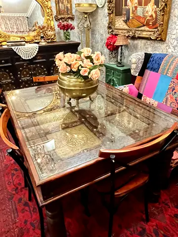 Antique Brass-Top Wooden Dining Table with Glass Top