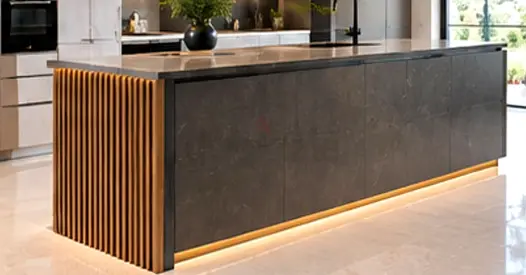 Modern Kitchen Island with Marble Finish and Wood Slats