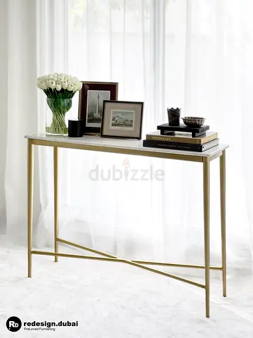 WILLIAMS SONOMA MARBLE & BRASS GOLD CONSOLE TABLE or west elm entrance contemporary display piece