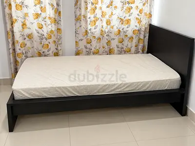 Single wooden bed frame with mattress - dark finish