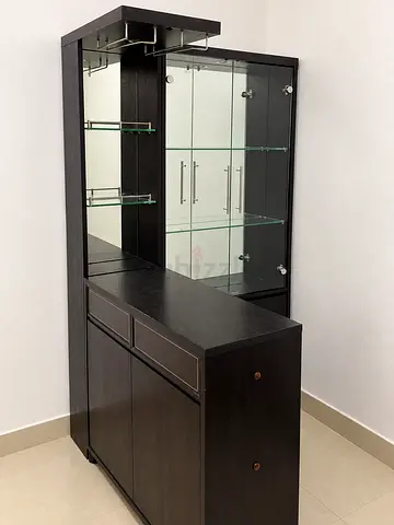 Dark Wood Display Cabinet with Glass Shelves and Bar
