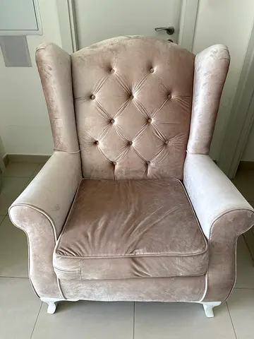 Plush Tufted Wingback Armchair in Beige Velvet