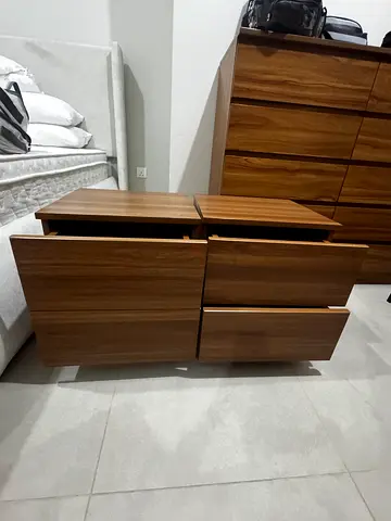 Pair of modern wooden bedside nightstands - walnut finish