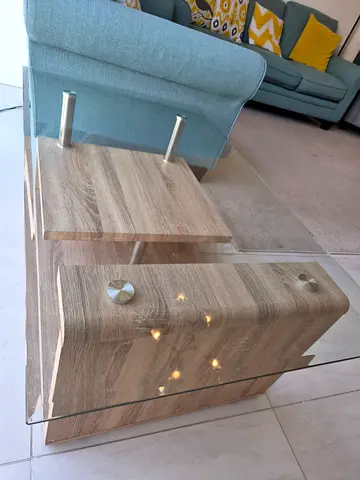 Modern glass top coffee table with oak-effect base
