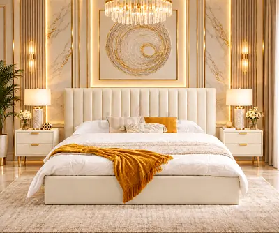 New Cream Upholstered queen Bed with Padded Headboard and storage bed Frame queen size bed
