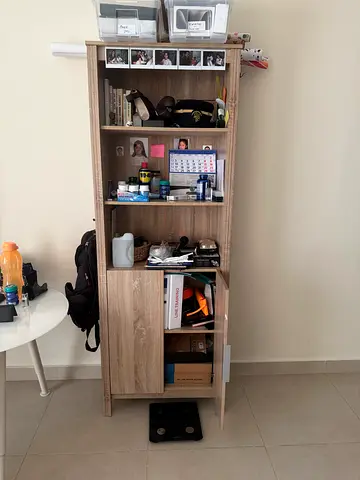 Tall wooden bookcase with cupboards - light oak finish