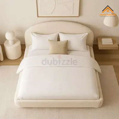 Minimalist Cream Upholstered Bed (Double/Queen) with Headboard