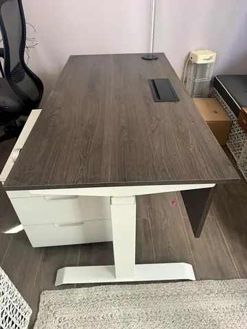 Large Wooden Office Desk with Drawers - Dark Grey Oak Finish