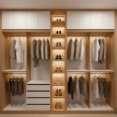 Modern Built-in Wardrobe with LED Lighting and Shoe Rack