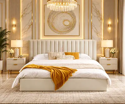 New Modern upholstered queen size bed with storage bed padded headboard - cream queen bed