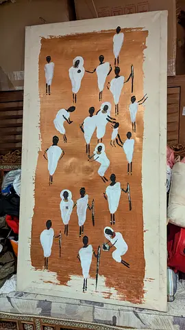 Handmade African Tribe Painting on Bark Cloth - Large Vintage Panel