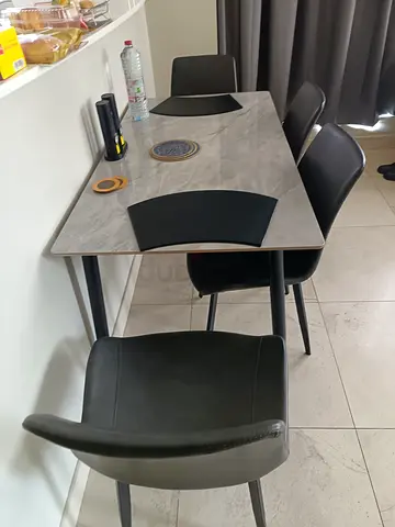 Modern 4-Seater Dining Table with Marble-Effect Top and 4 Chairs