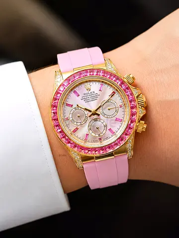 Gold Rolex-style Chronograph Watch with Pink Gem Bezel and Pink Rubber Strap