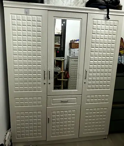 White 3-Door Wardrobe with Mirror and Drawer - Good Condition