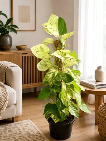 Live Variegated Pothos Plant with Moss Support | 80 cm | Lush Indoor Decorative Plant for Home & Off