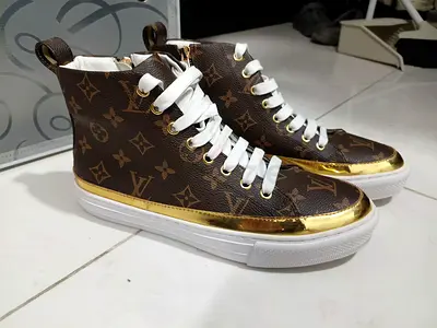 Brown Designer Monogram High-Top Sneakers with Gold Trim, Size Available
