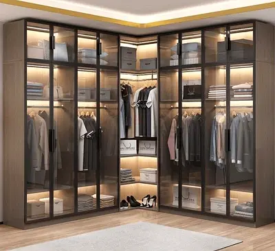 Modern L-Shaped Corner Wardrobe with Glass Doors and LED Lighting