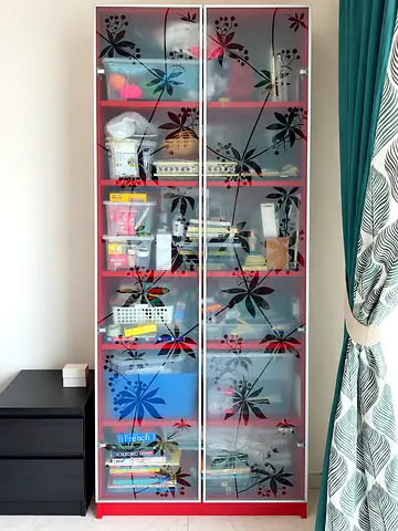 Red IKEA Storage Cabinet / Bookcase with Floral Frosted Glass Doors