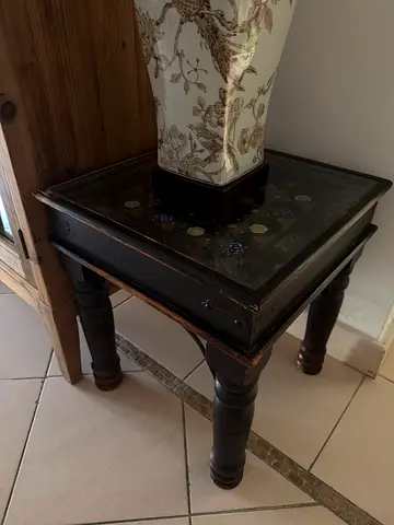 Two Solid wood side tables with glass top and carved legs - used