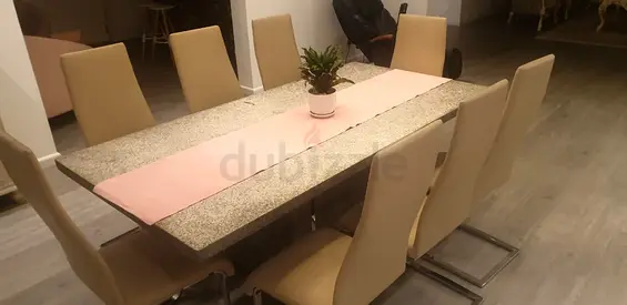 Modern 8-Seater Marble-Top Dining Table with Beige Chairs
