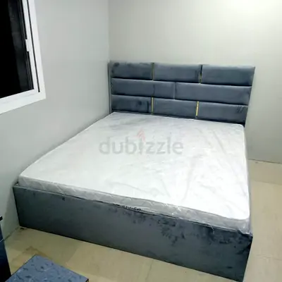 Grey Velvet Double Bed with Headboard and Mattress