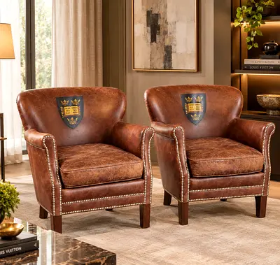Timothy Oulton University of Oxford Pair of Vintage Brown Leather Club Chairs with Nailhead Trim