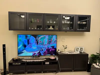 Ikea Dark Wood Wall-Mounted Display Cabinets with Matching TV Console and Sideboard