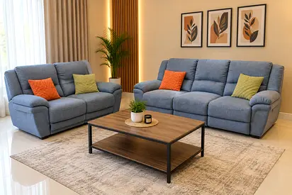 Blue Fabric Sofa Set with 3-Seater and 2-Seater recliner