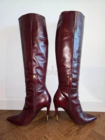 Tom Ford Maroon Leather Knee-High Stiletto Boots, Size 39