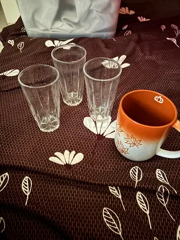 Set of 3 Clear Glass Tumblers + 3 Ceramic Mug &2 Plates -All in Perfect Condition