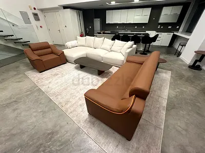 Brown leather sofa set- 3pcs and 1 white fabric sofa set, centre table and carpet in good condition