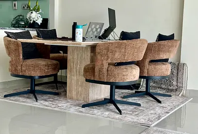FULL DINING SET: 6-Seater Genuine Marble Dining Table + 4 Swivel Armchair + Rug