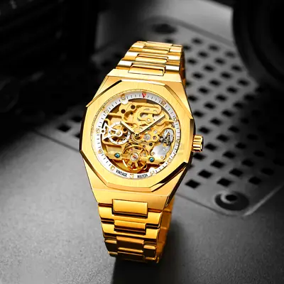 Gold-tone Skeleton Mechanical Men's Watch with Metal Bracelet