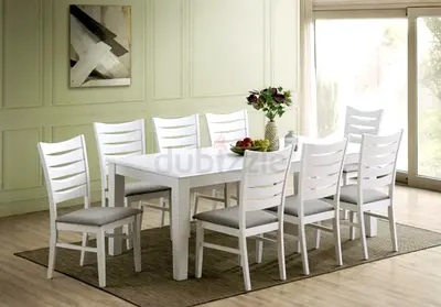 White Wooden Dining Table with 8 Matching Chairs - Good Condition