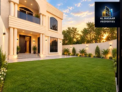 Corner villa for sale in Ajman (Al Yasmeen area): 3,400 sq. ft. plot, 3 stories plus a roof terrace. Features 5 bedrooms, a majlis, a living room, and
