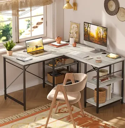L-shaped Corner Study Desk with Shelves — Metal Frame, Wood Top (Like New)