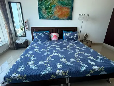 King size bed with wooden headboard and mattress (ready to use)