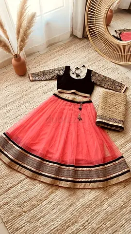 Pink net lehenga with black embroidered blouse and dupatta - Size M