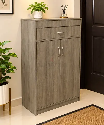 Grey Wood Finish Two-Door Storage Cabinet with Drawer