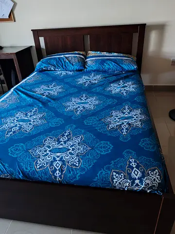 IKEA Dark Wood Double Bed Frame with Headboard & Mattress