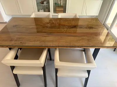 Wooden Glass Top Dining Table with 4 Cream Upholstered Chairs